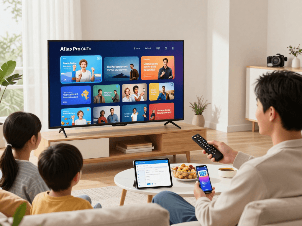 Utilisation de l'application atlas pro ontv sur une Smart TV dans un salon moderne.