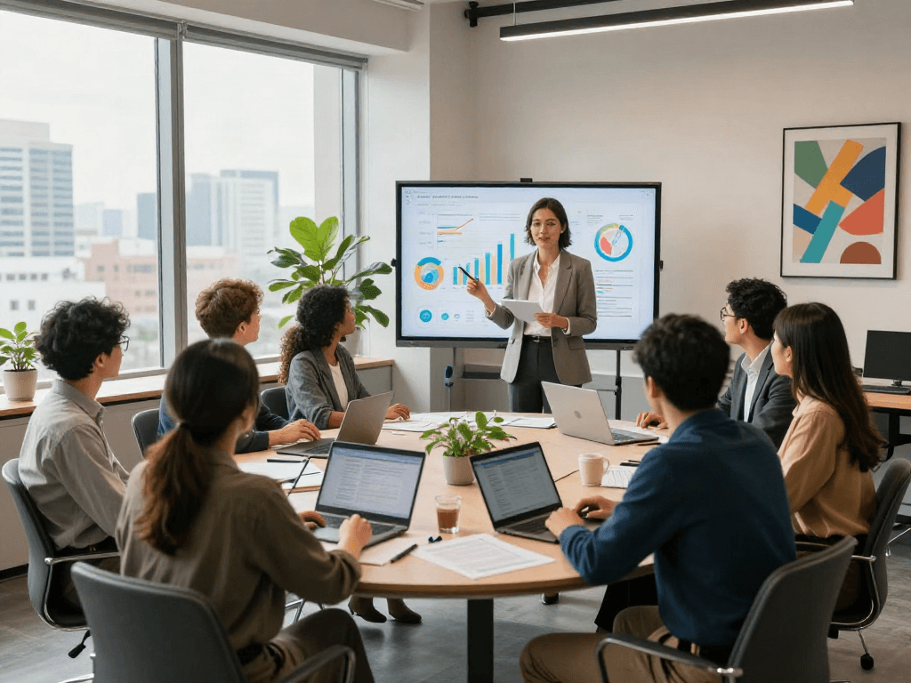 Réunion d'équipe moderne dans un bureau avec Atlas pro et des graphiques de croissance.