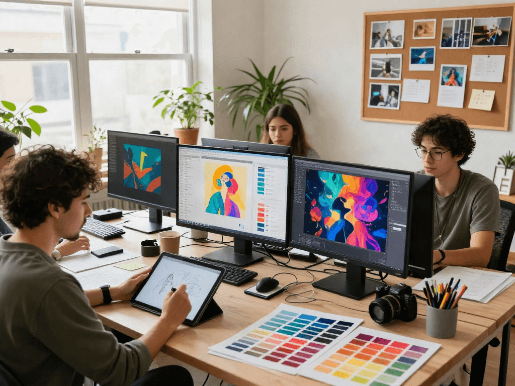 Suasana studio seni digital dengan cermin4d, seniman menggambar di tablet dikelilingi berbagai warna cat dan papan inspirasi.