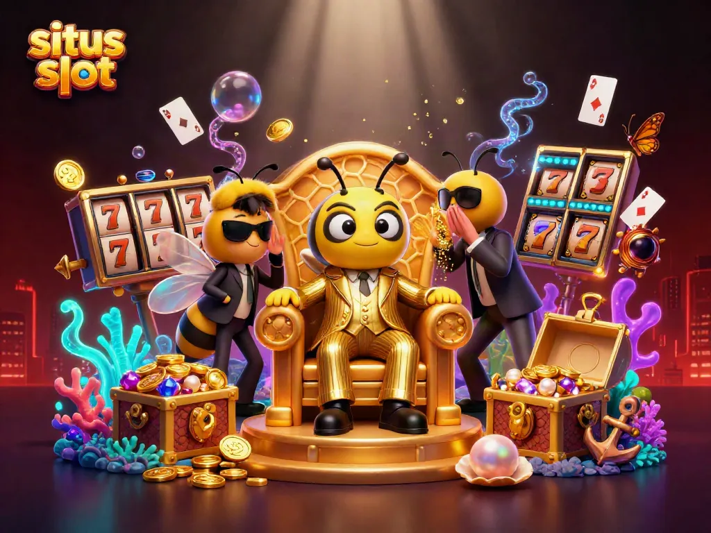 Experience excitement in situs slot with dynamic characters, slot reels, and treasure amidst glowing effects.