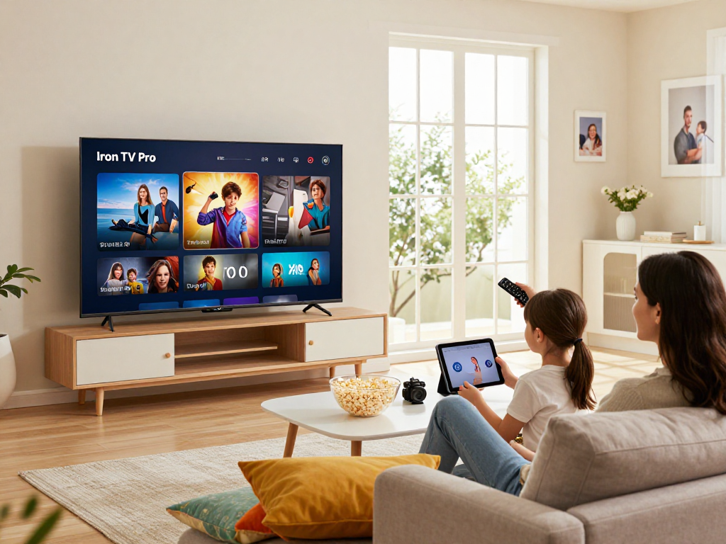 Famille profitant de l'abonnement Iron tv pro sur Smart TV dans un salon lumineux.