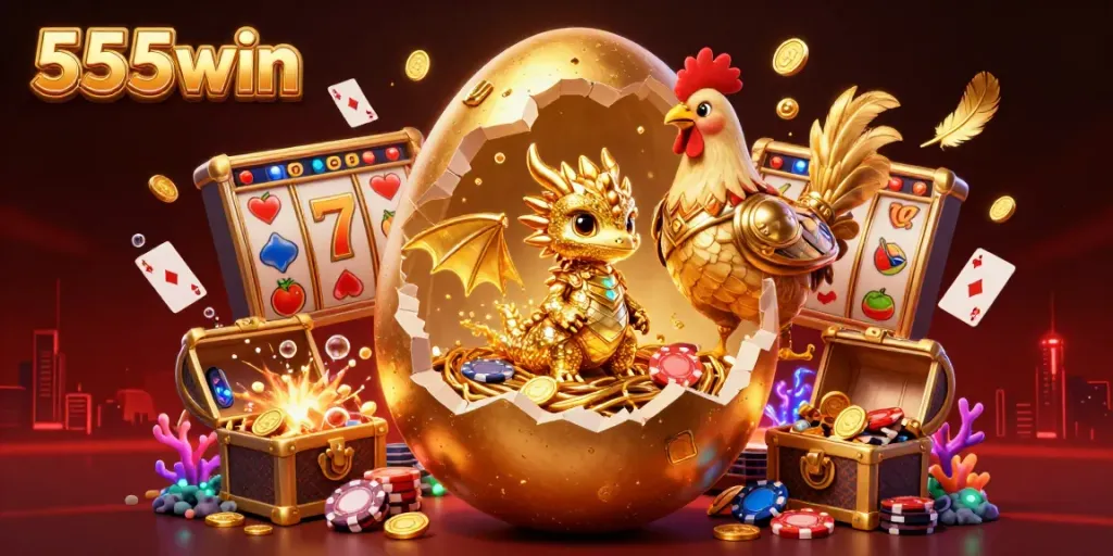 Engage in exhilarating gameplay with the 555win gold dragon illustration surrounded by vibrant casino elements.