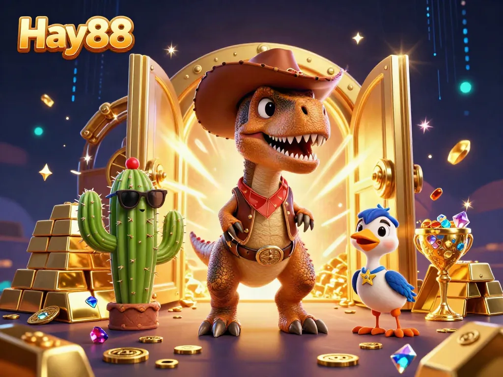 Experience thrilling gameplay at Hay88 with a dynamic casino-inspired illustration featuring vibrant 3D characters.