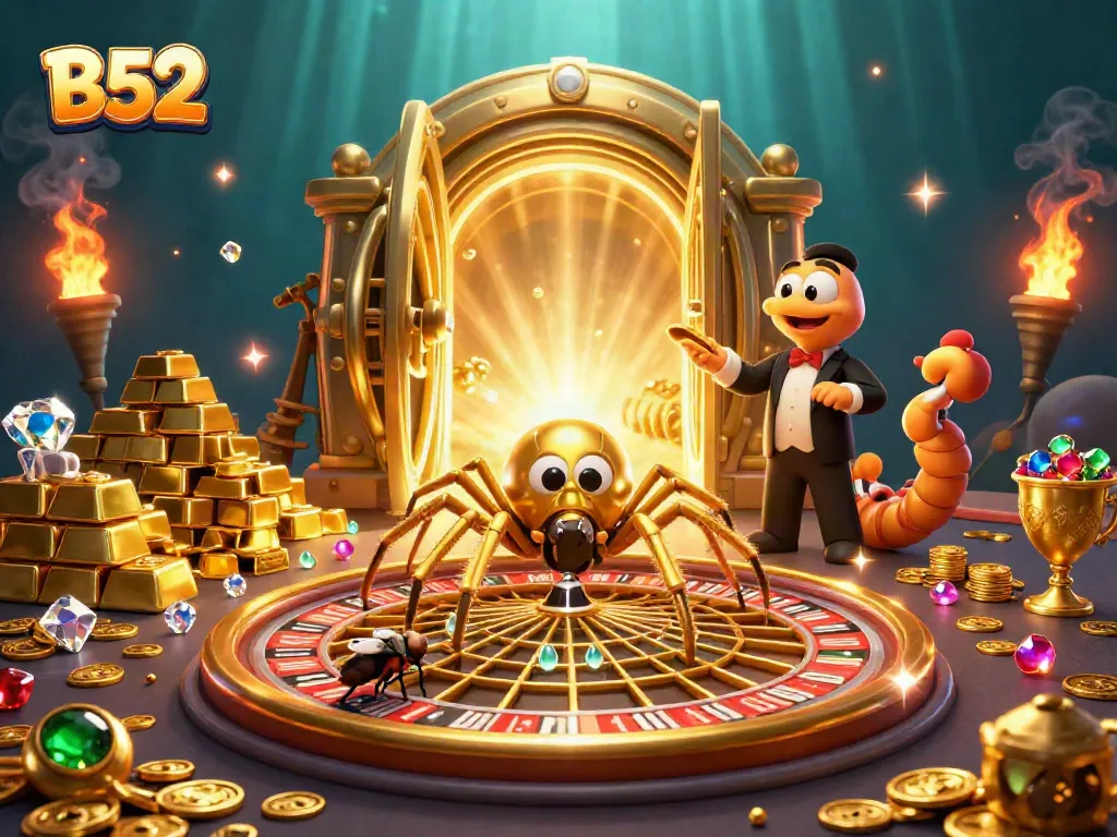 B52 gaming scene with a golden spider and centipede dealer amidst jewels and riches