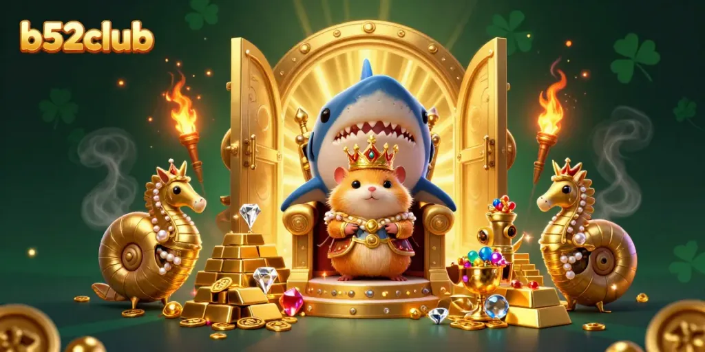 Experience thrilling gameplay at b52club with a whimsical 3D illustration of a hamster king and treasure.