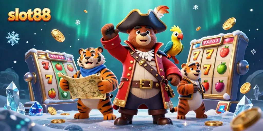 Engage in thrilling slot88 adventures with a bear captain, tiger first mate, and golden parrot!