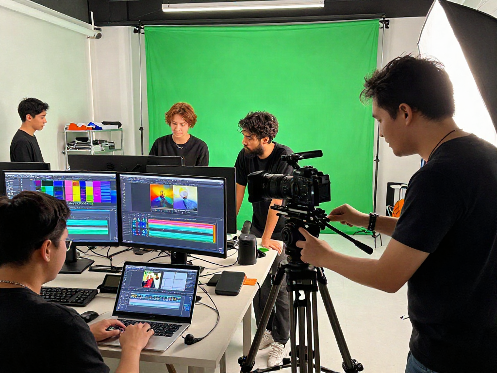 Iron tv pro team collaborating on video production in a vibrant studio