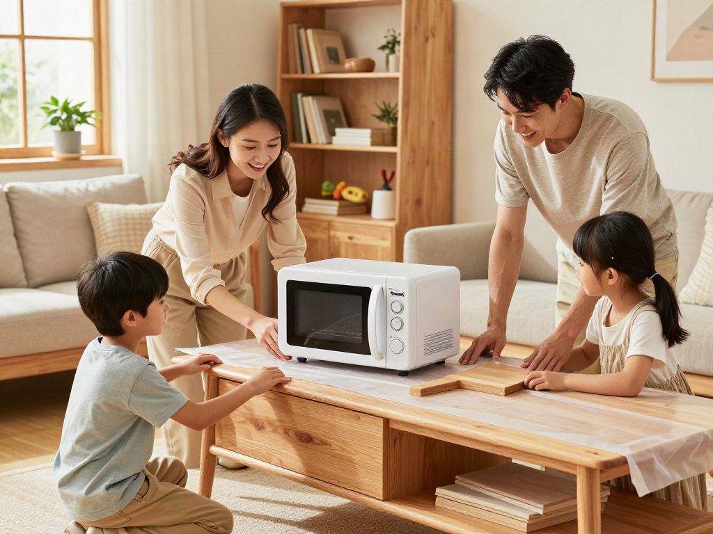 Traitement écologique des meubles en bois avec Shashel® par une famille dans un salon lumineux.