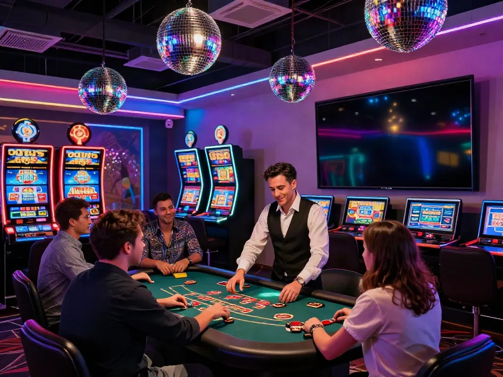 Ambiance de casino en ligne DiscoWin avec joueurs et jeux, illuminé par des lumières néon.