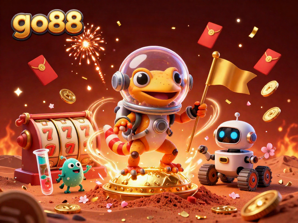Win big with go88 as a Martian gecko uncovers a golden casino, symbolizing exotic gambling adventures.