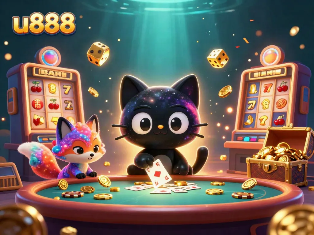 Experience thrilling gaming excitement at u888 with a cosmic cat and colorful casino elements.