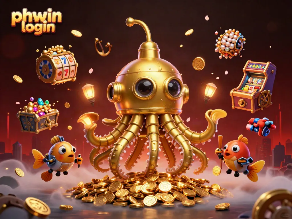 Engage with the thrilling phwin login experience featuring a golden kraken submarine amidst vibrant gaming elements.