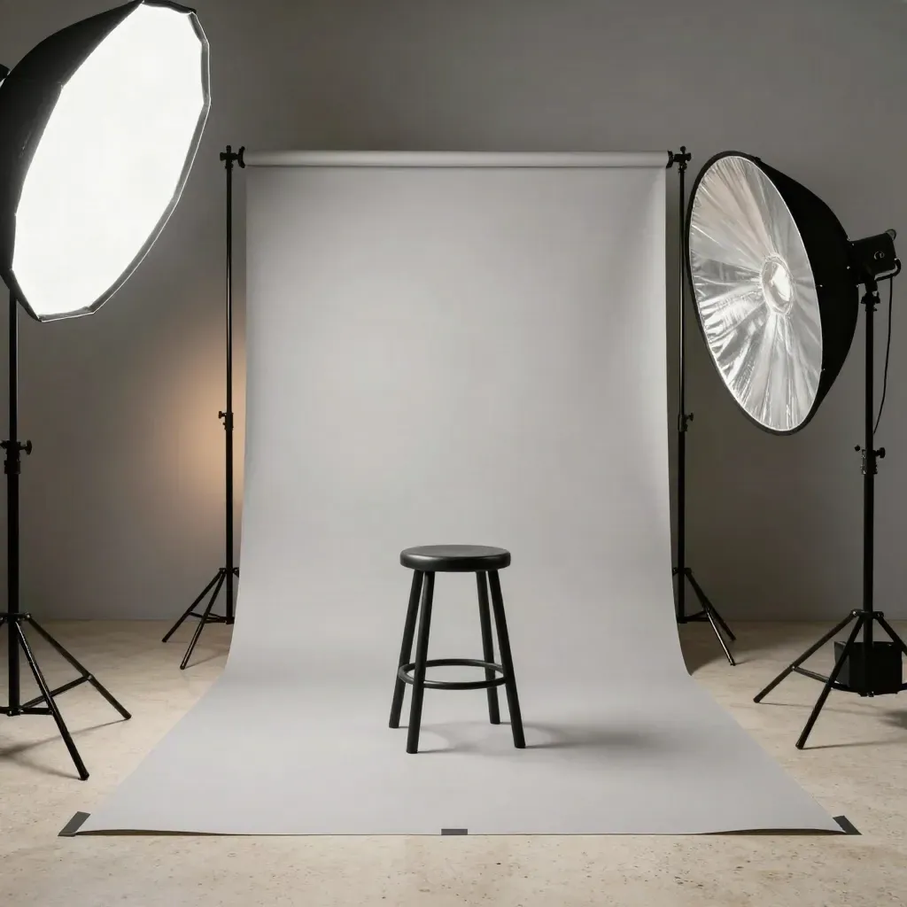 Studio portrait pro avec fonds gris perle, tabouret central et réflecteurs alignés.