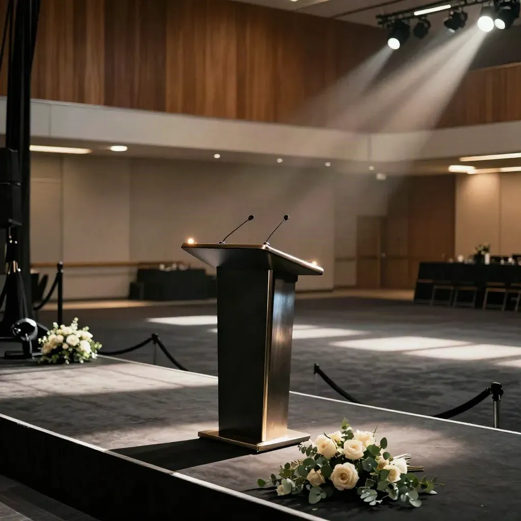 Salle d’événement vide, scène éclairée, pupitre noir, rubans au sol et bouquets bas.