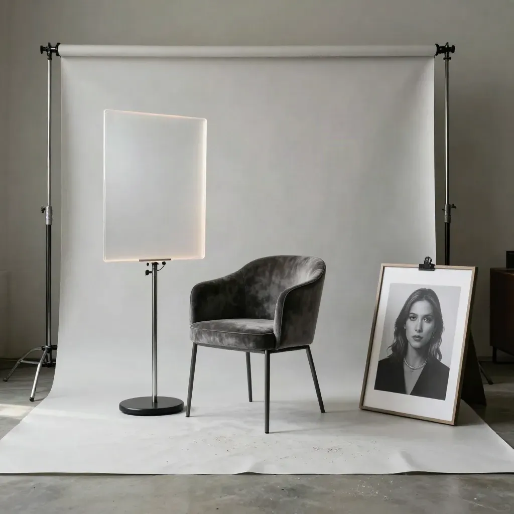 Set de studio portrait avec fond gris clair, chaise en velours et épreuve finale retouchée.