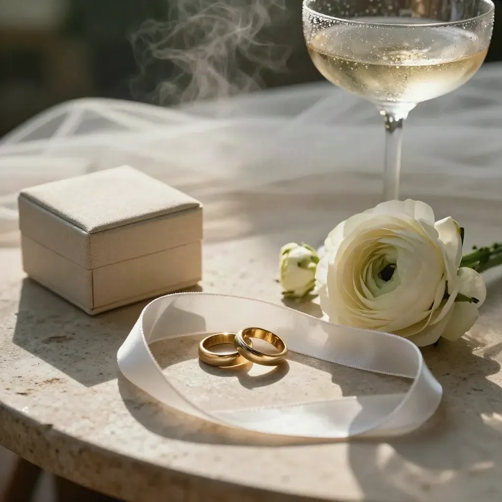 Flatlay de mariage: alliances, voile, boutonnière, coupe givrée et boîte d’archive sur pierre claire.