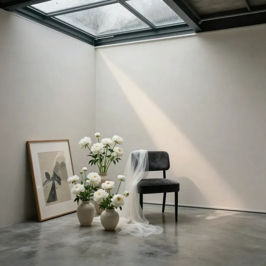Studio portrait premium avec chaise charbon, fleurs blanches, voilage ivoire et verrière pluvieuse.
