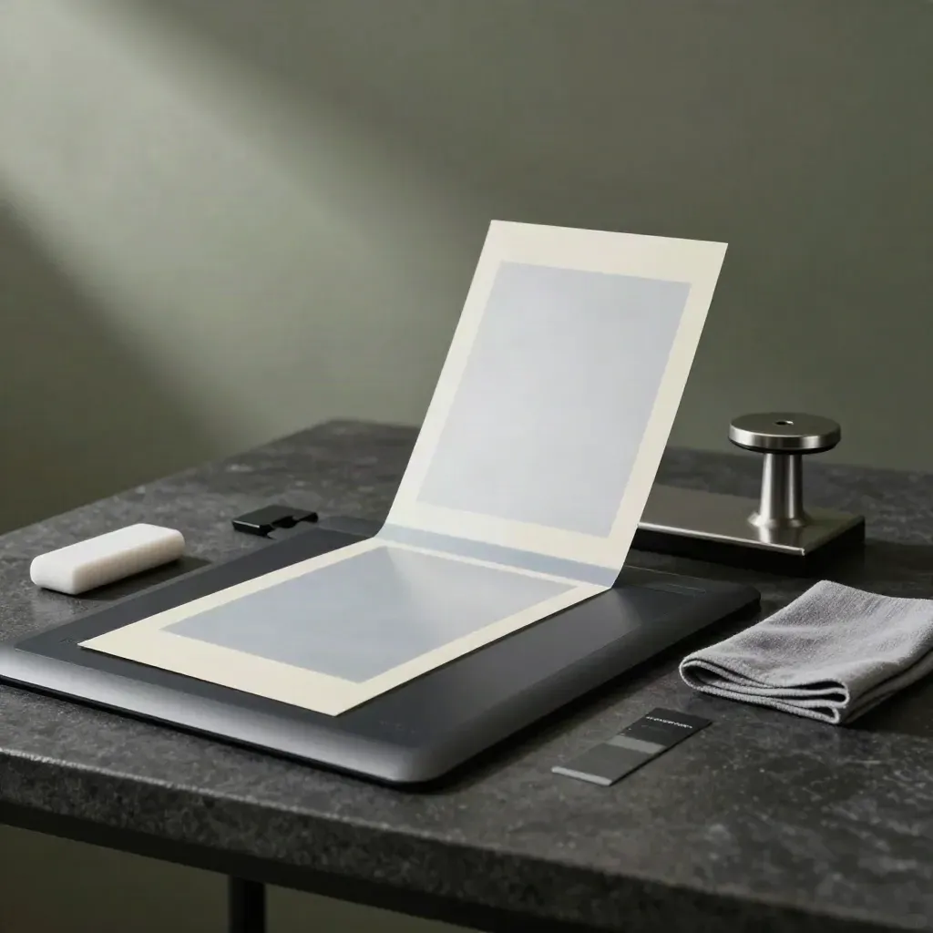 Station de retouche minimaliste avec tirages tests, tablette graphique et pochette d’archive.