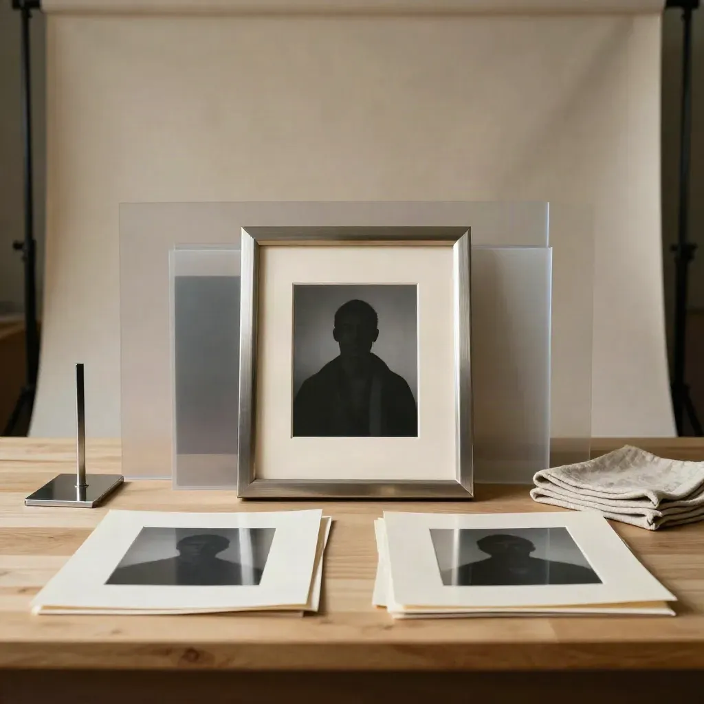 Mini-studio crème avec cadres portrait, panneaux de diffusion et tirages séchant, lumière douce.