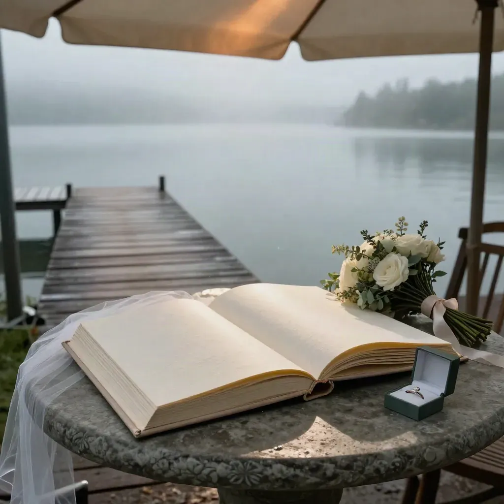 Album de mariage ouvert sur une table de pierre au bord d’un lac brumeux