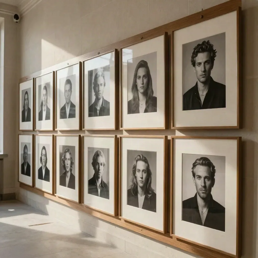 Couloir de cabinet avec douze cadres portrait en lin gris alignés sous une lumière chaude.