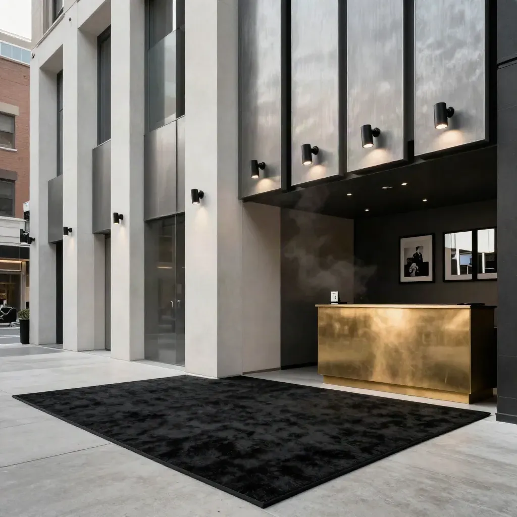 Salon pro vide avec panneaux modulaires, spots allumés et tapis noir dans une ambiance de hall.