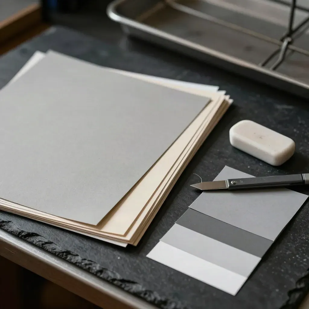 Gros plan de papiers barytés, gomme blanche, gris et lame sur table sombre.