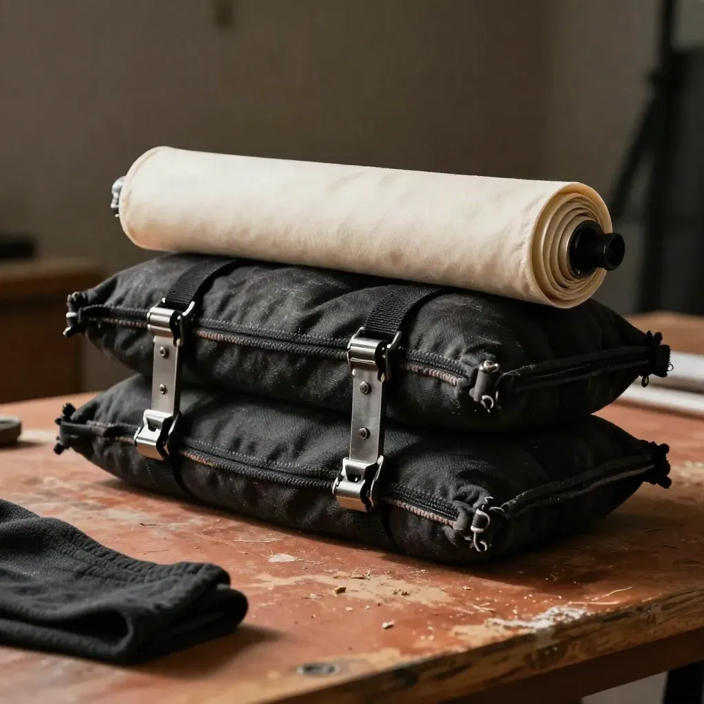 Rouleau de fond crème, pinces de grip et sacs de lest sur une table d’atelier sombre.