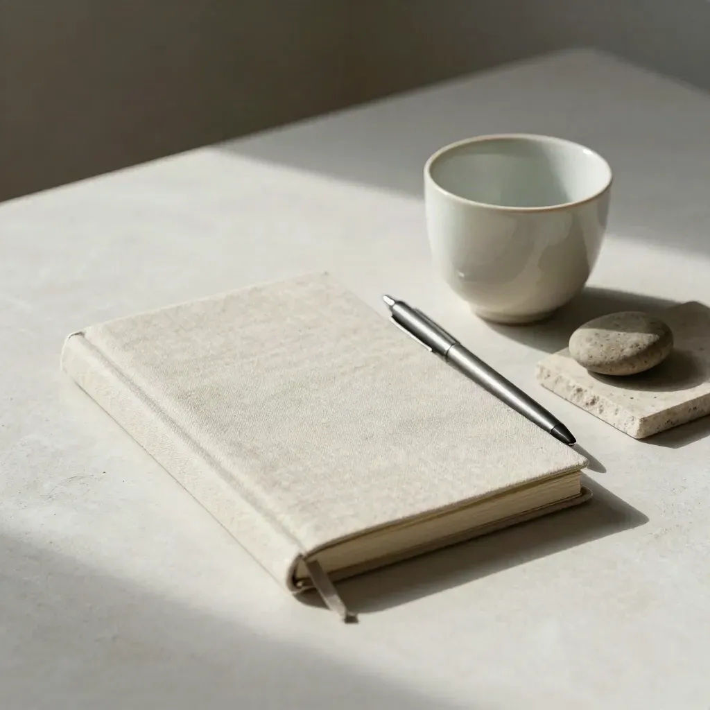 Carnet fermé, stylo métal, tasse vide et galet sur une dalle de pierre claire.
