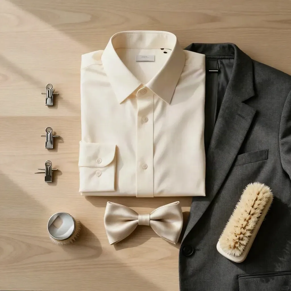 Chemise ivoire, veste charbon et nœud papillon préparés sur bois clair avec accessoires.