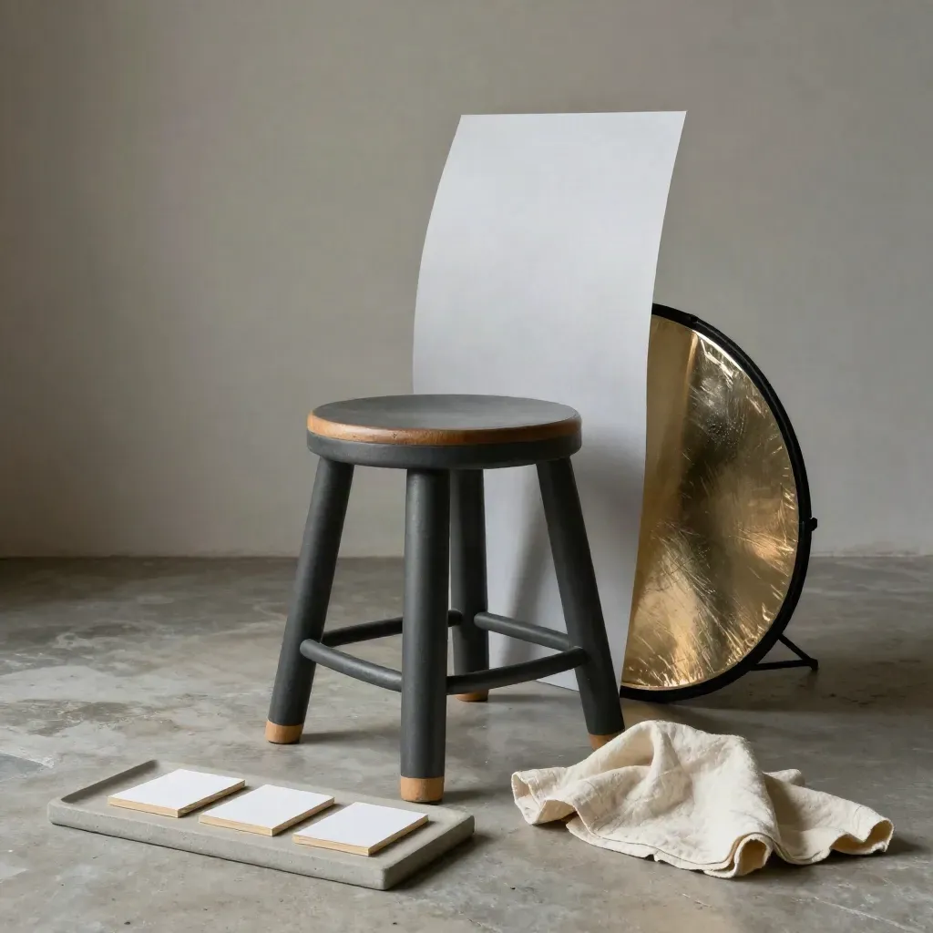 Tabouret de studio, fond papier gris, réflecteur et cartes vierges sur pierre.