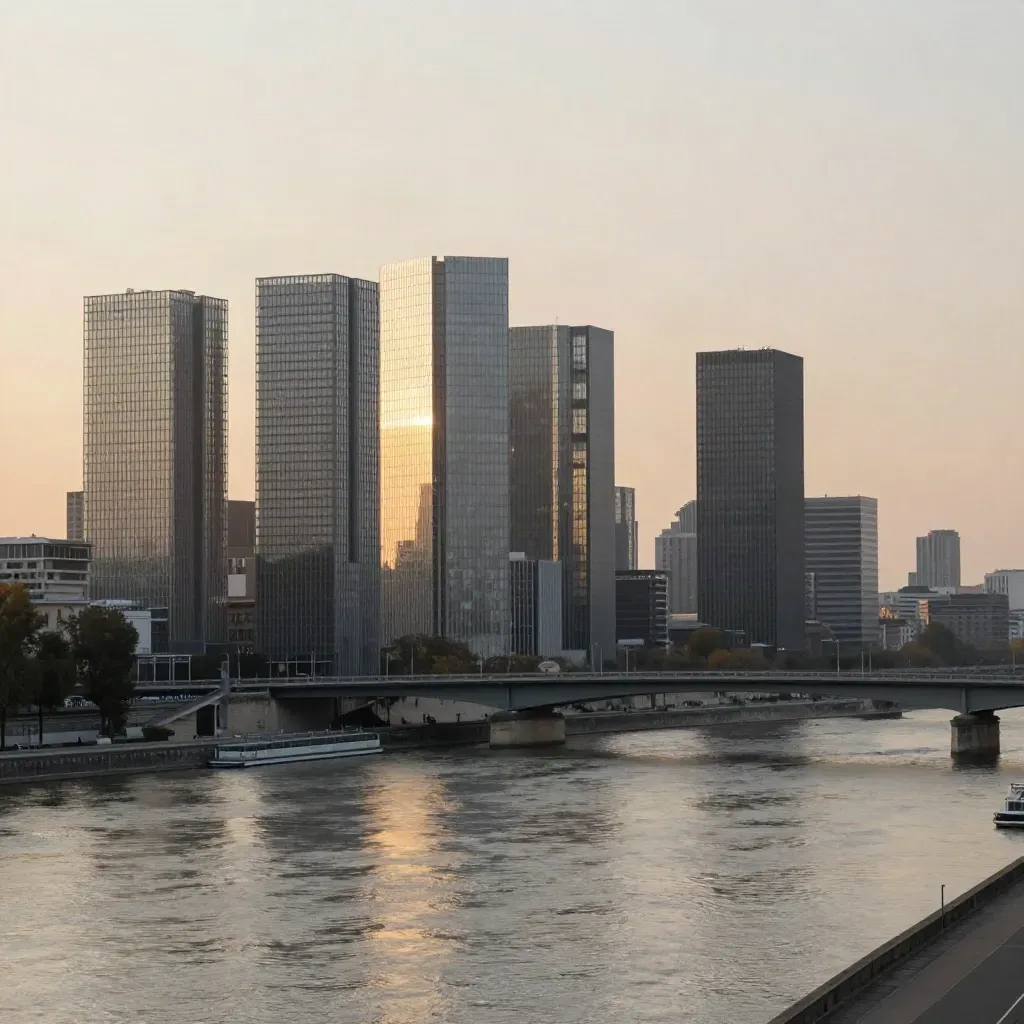 La Défense au coucher du soleil, tours de verre, Seine et passerelles dans une brume dorée.
