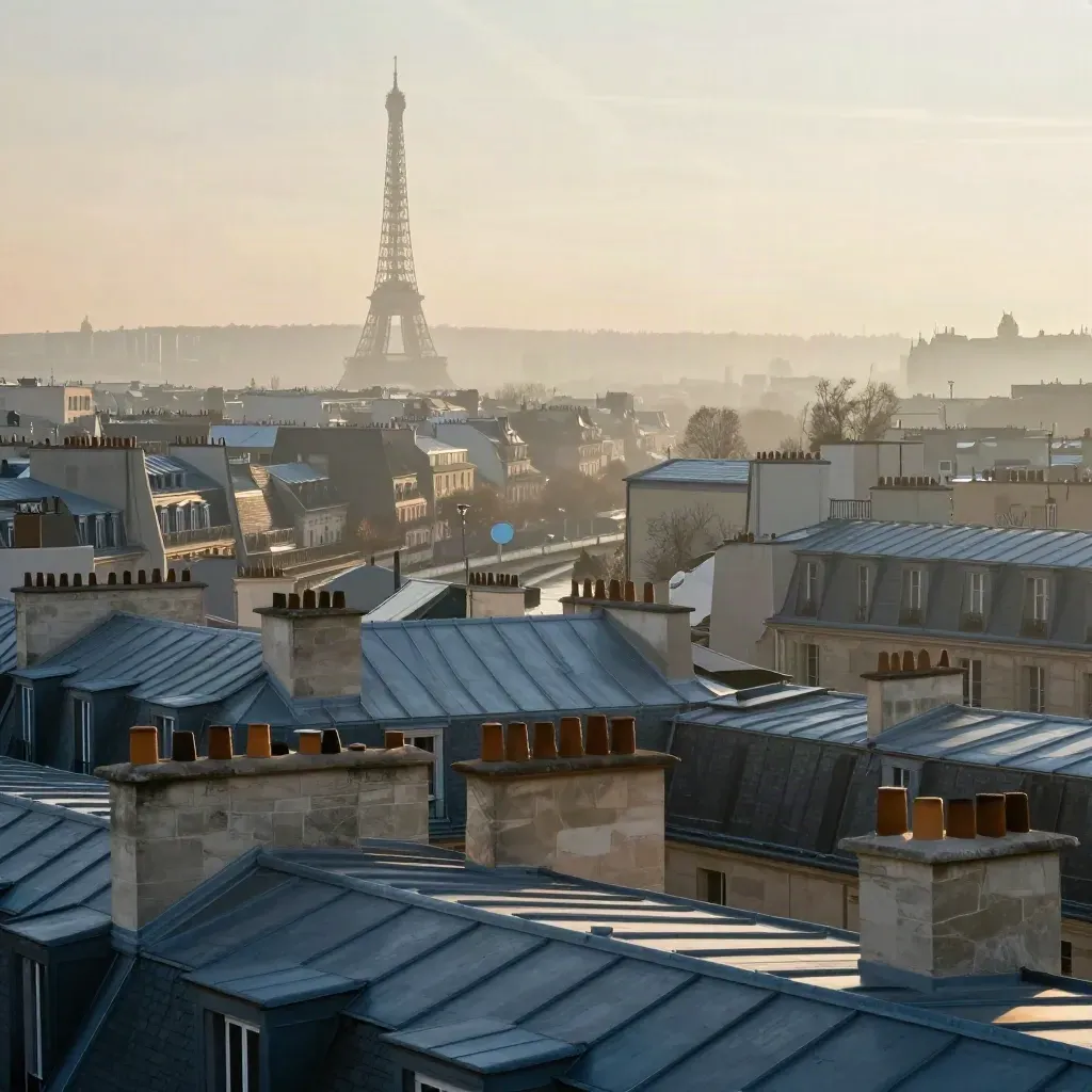 Toits de Paris à l’aube, Seine en ruban et tour Eiffel lointaine dans la brume.