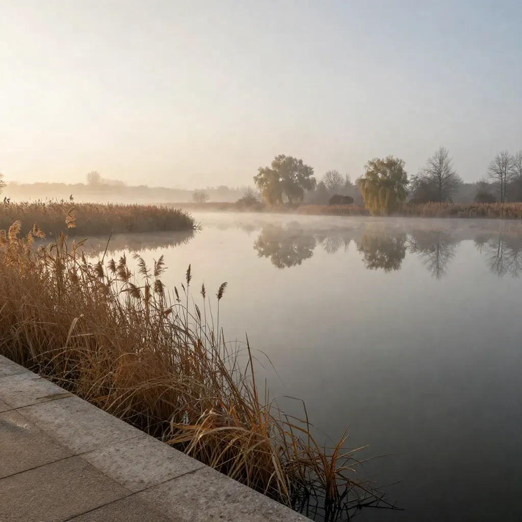 Le lac de Créteil dans la brume du matin, eau calme et berges basses.