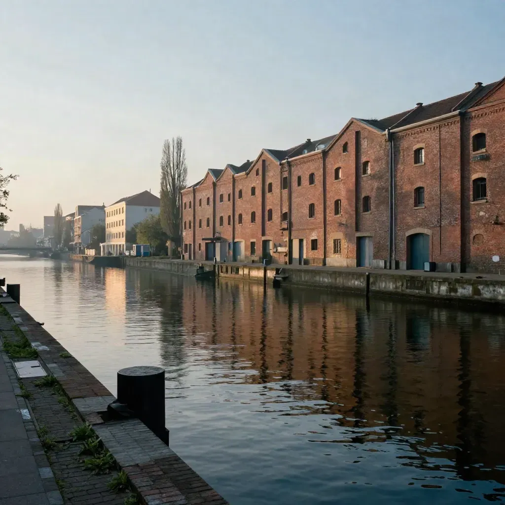 Canal de l’Ourcq au crépuscule, briques, peupliers et entrepôts dans la brume.