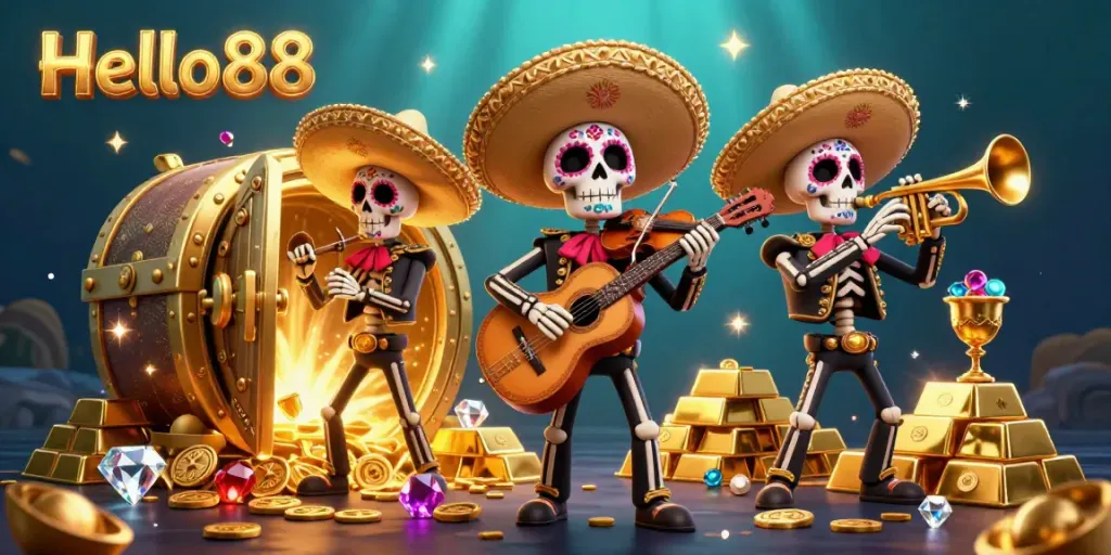 Experience the excitement of Hello88 with a colorful mariachi band amidst a treasure-filled casino atmosphere.