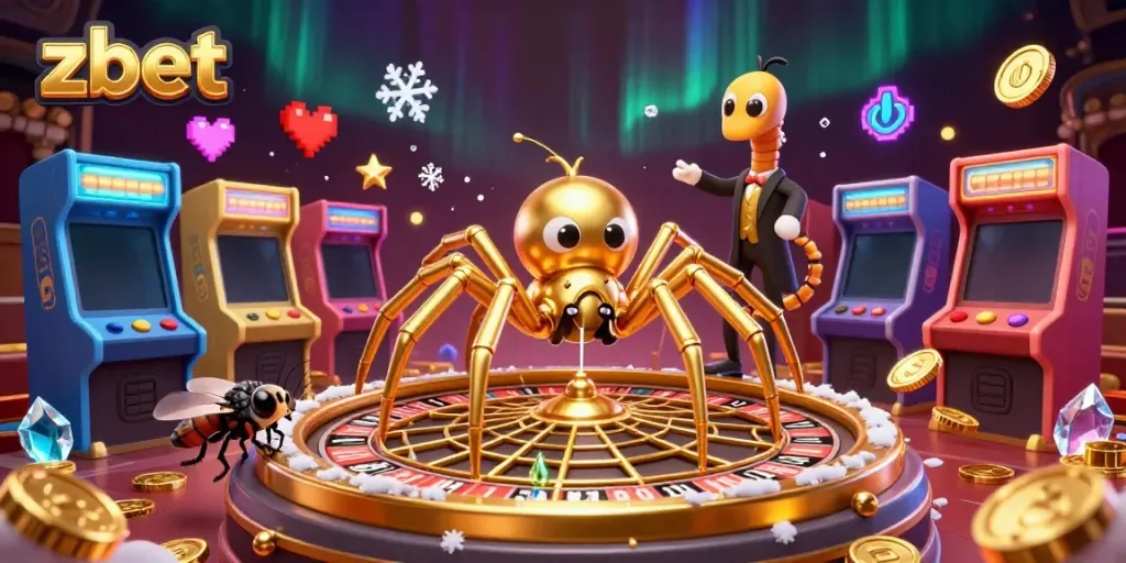 Experience thrilling zbet action with this colorful 3D casino illustration, featuring a roulette web, charming characters, and vibrant gaming elements.