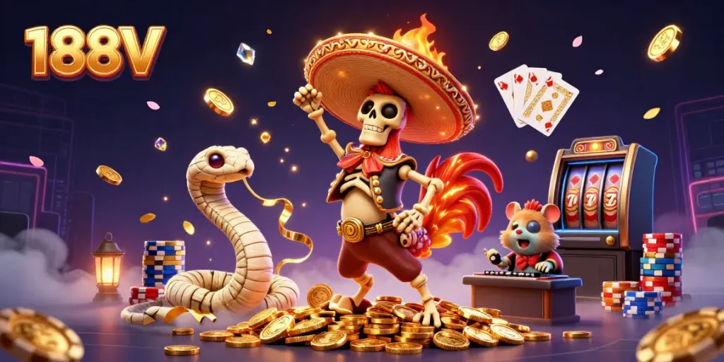 Experience the excitement of 188V with vibrant gaming characters celebrating on a treasure of coins.