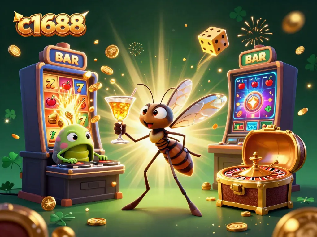 Experience excitement with c1688 as a frozen mosquito mascot and trilobite DJ celebrate the casino vibe.