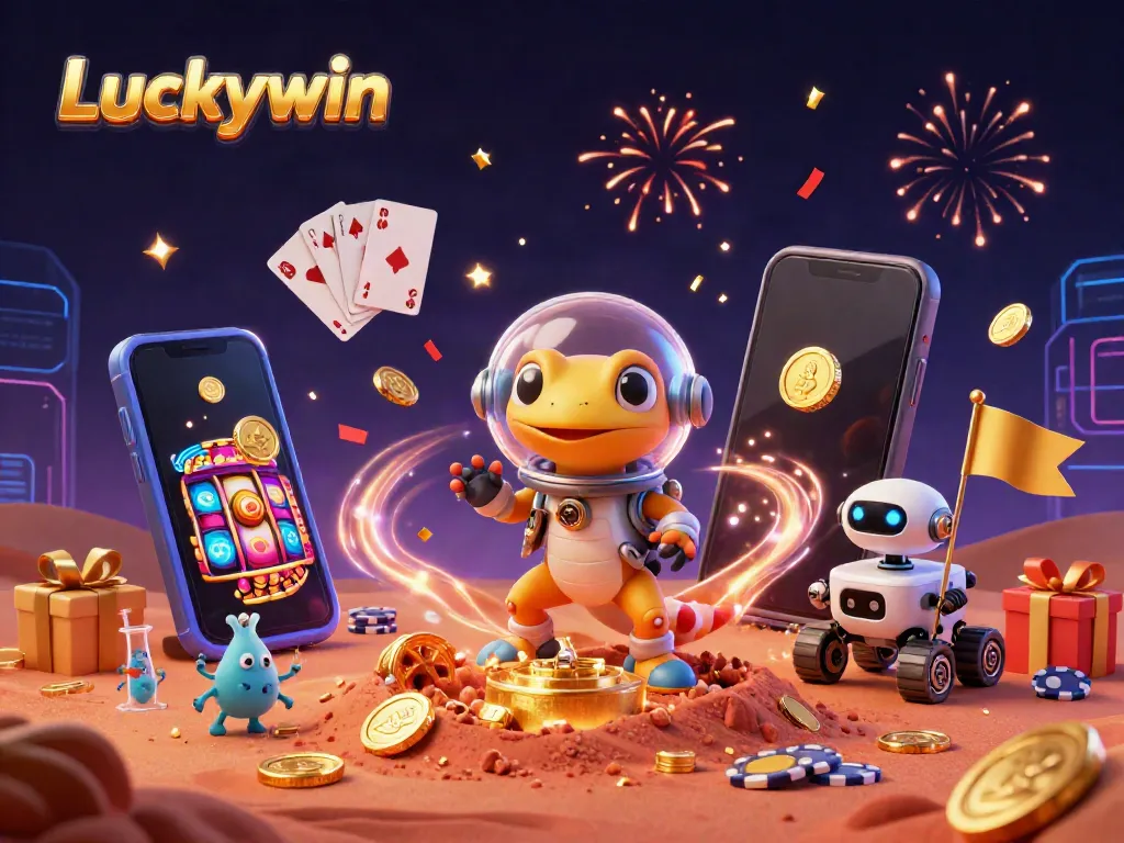 Luckywin Martian gecko uncovers a golden casino amidst Mars sand, showcasing thrilling game elements.
