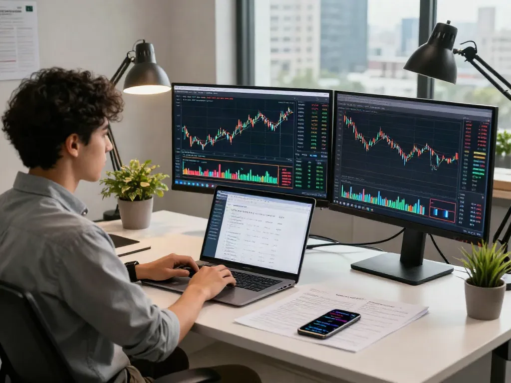 Image de la plateforme de trading la-essorinvexaro.com avec un trader analysant des graphiques et des signaux du marché dans un environnement de travail moderne.
