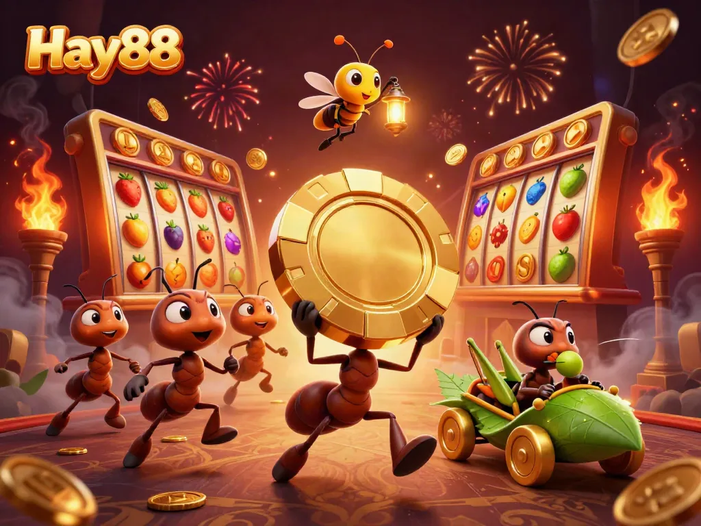 Watch Hay88's cartoon ants run a thrilling heist with a giant poker chip in an action-packed casino scene.