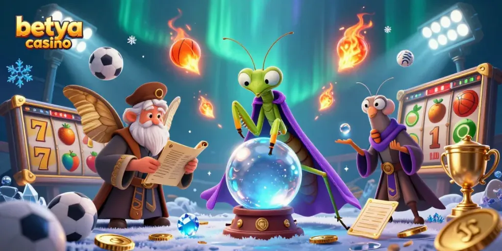 Experience thrilling excitement at betya casino with vibrant 3D illustrations of games, winnings, and mystical characters.