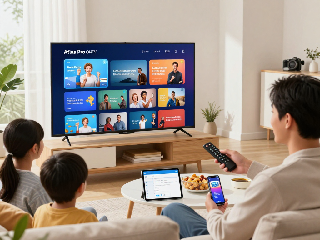Utilisation de l'application atlas pro ontv sur une Smart TV dans un salon moderne.